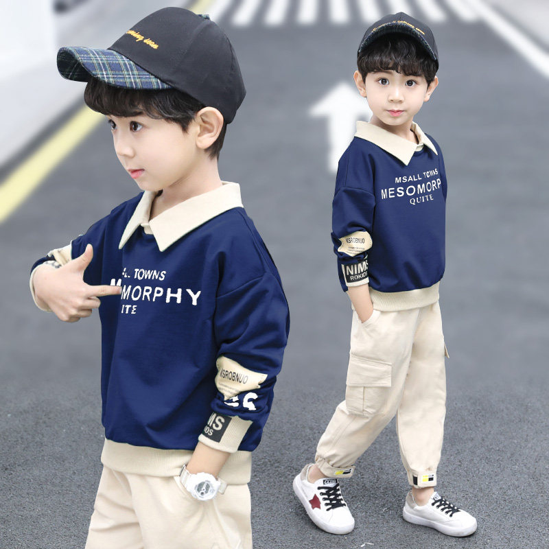 Boys fleece sweater spring and autumn 2022 new children's autumn clothes fake two pieces autumn and winter thickened one fleece top tide