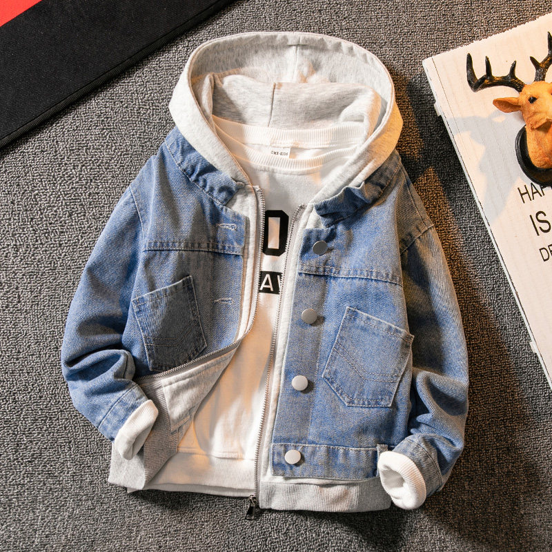 Boys' denim jacket spring and autumn style 2022 new middle and big children's autumn clothes boys autumn children's foreign style fake two pieces trendy
