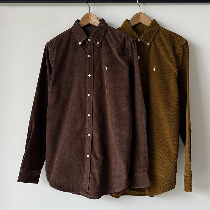 Yuan Factory's new rl small horse logo corduroy shirt for men, old money style horse embroidery shirt jacket