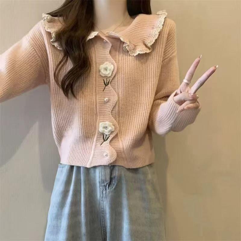 Doll Collar European-Style Base Sweater Cardigan for Women, Autumn and Winter, Petite French-Style Knitted Cardigan, Pink Chic Top Doll Collar European-Style Base Sweater Cardigan for Women, Autumn and Winter, Petite French-Style Knitted Cardigan, Pink Chic Top