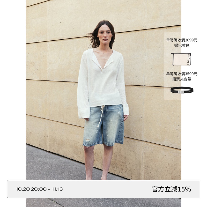 Liegee Linen Henley Cotton-Linen Henley Shirt with Open Collar Liegee Linen Henley Cotton-Linen Henley Shirt with Open Collar