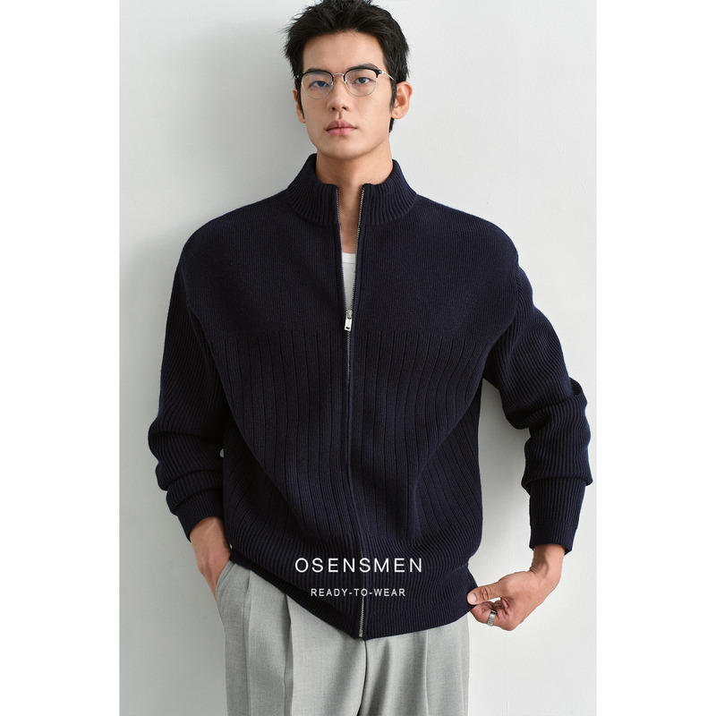 Osensmen 100% Merino Wool Gradient Ribbed Texture Zipper Knitted Cardigan Jacket for Men Autumn Osensmen 100% Merino Wool Gradient Ribbed Texture Zipper Knitted Cardigan Jacket for Men Autumn