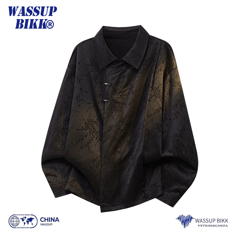 Wassup Bikk New Chinese Style Jacquard Long-Sleeved Shirt for Men, Spring and Autumn Design, Loose Fit, Metal Button Shirt Wassup Bikk New Chinese Style Jacquard Long-Sleeved Shirt for Men, Spring and Autumn Design, Loose Fit, Metal Button Shirt