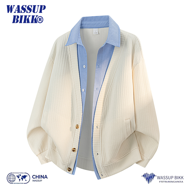 Wassup Bikk Fake Two-Piece Shirt Collar Cardigan Jacket Men's Spring and Autumn High-End Loose Knit Sweater Coat