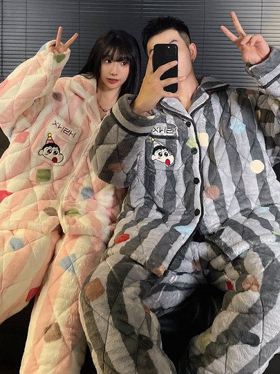 蜡笔小新情侣睡衣女秋冬季三层加厚夹棉珊瑚绒男士家居服湖南省服