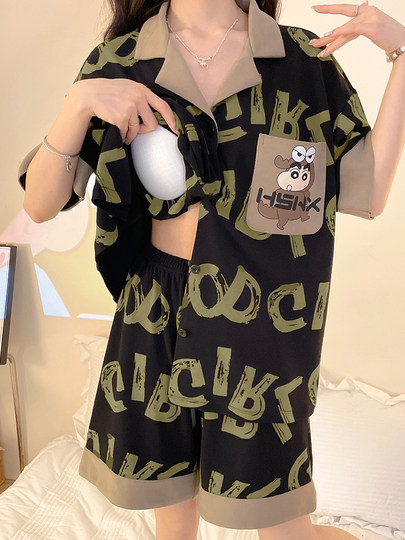 Women's Summer Pajamas with Built-In Chest Pads to Prevent Bumps, Spring and Autumn Short-Sleeved Shorts and Long Pants, Three-Piece Home Wear Set