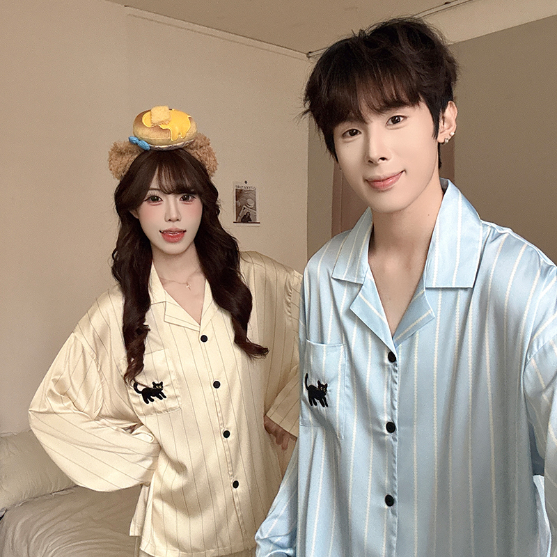 2026 New Spring and Autumn Ice Silk Couple Pajamas, Women's Long-Sleeve Cat Silk Men's Loungewear Set for Summer 2026 New Spring and Autumn Ice Silk Couple Pajamas, Women's Long-Sleeve Cat Silk Men's Loungewear Set for Summer