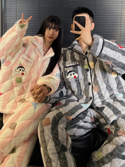 蜡笔小新情侣睡衣女秋冬季三层加厚夹棉珊瑚绒男士家居服湖南省服