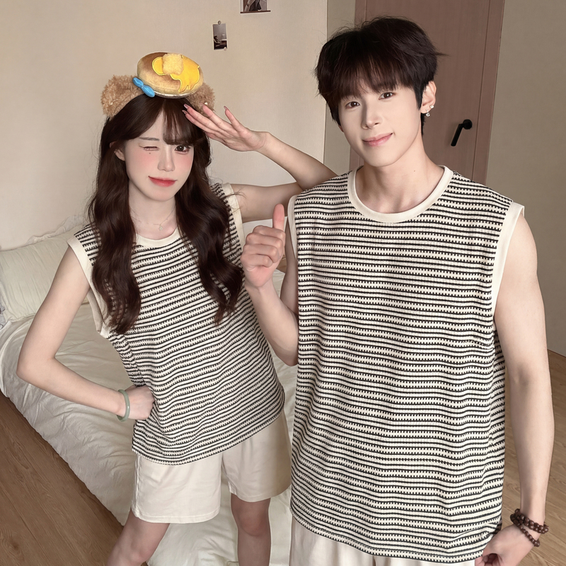 Striped Couple's Tank Top with Chest Pads, Women's Summer Sleeveless Pajamas, Men's Stretch Cotton Loungewear Set