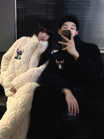 情侣睡衣女冬季三层加厚夹棉可外穿珊瑚绒保暖男士家居服湖南省服