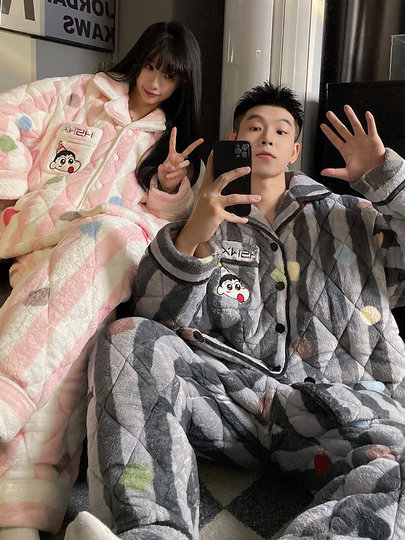 蜡笔小新情侣睡衣女秋冬季三层加厚夹棉珊瑚绒男士家居服湖南省服