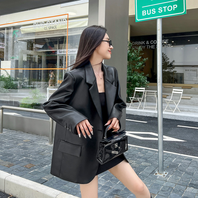 Black Leather Blazer for Women, Early Autumn, High-End Feel, Autumn and Winter, Loose Oversize, Super Stylish Pu Leather Jacket, Biker Jacket