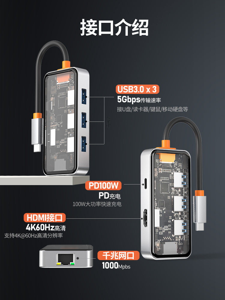 Type-C Hub for Macbook, Docking Station, 4K 60Hz High-Definition Screen Projection, Compatible with Apple iPad Laptops, USB Interface Converter, Multi-Port Adapter, Gigabit Ethernet Port