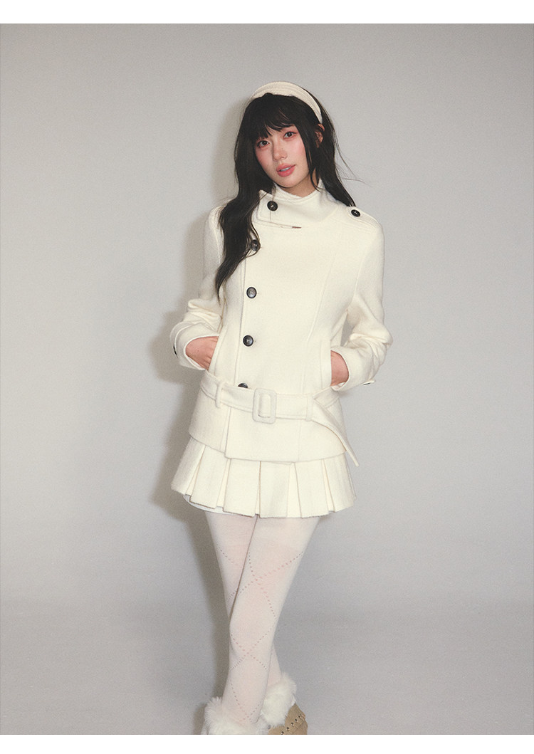 POPWEST Stand Collar Belted Coat And Skirt Set