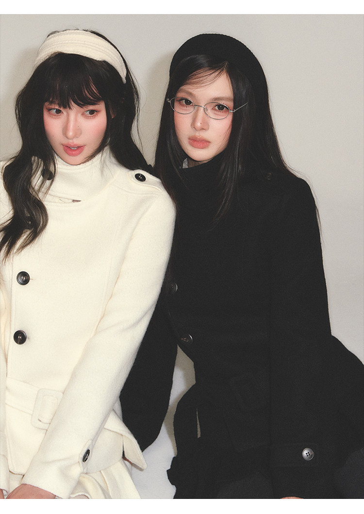 POPWEST Stand Collar Belted Coat And Skirt Set