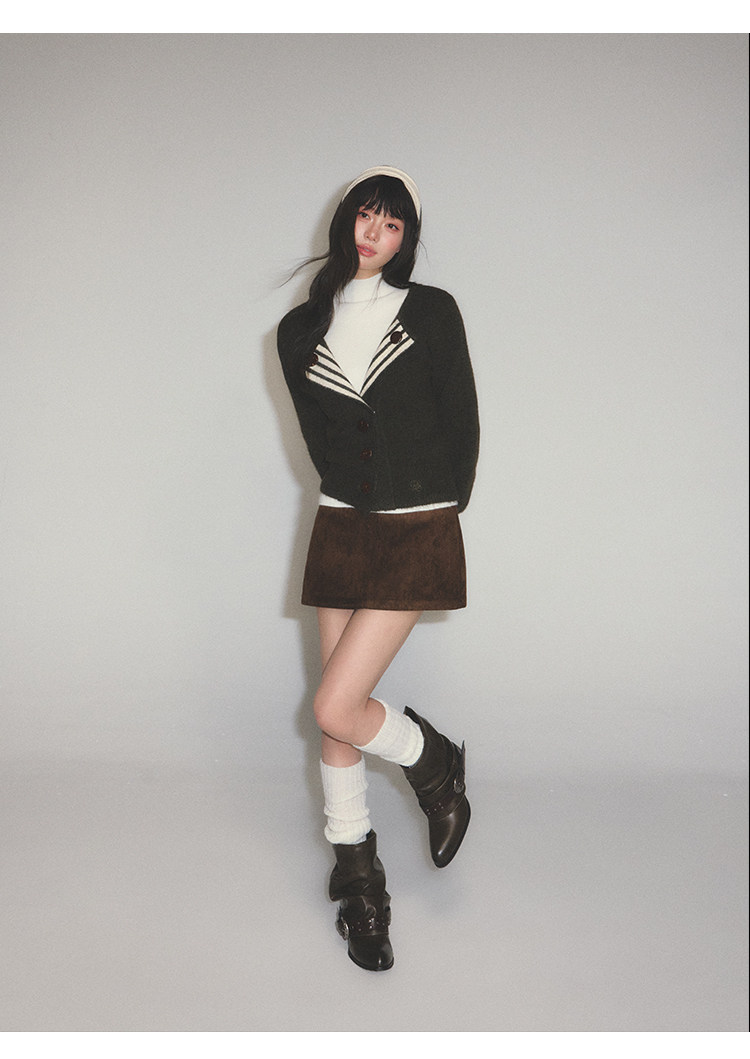 POPWEST Striped V-Neck Cropped Cardigan