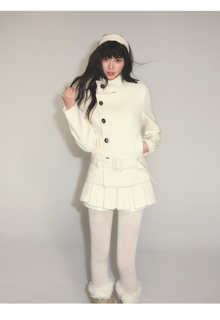 POPWEST Stand Collar Belted Coat And Skirt Set
