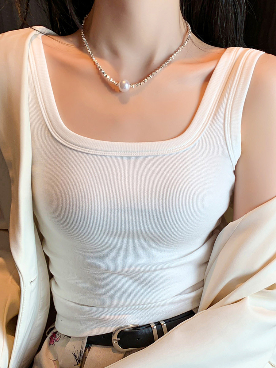 Threaded Square-Neck Camisole for Women, White, Plus Size, Slim Fit, Suitable for Outerwear or as an Inner Layer, Sleeveless, Versatile Camisole That Covers Side Breasts — تصویر 1