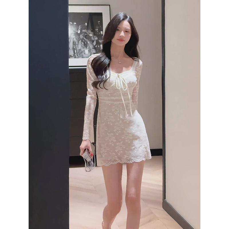 High-End Exquisite Semi-Sheer Lace Long-Sleeved Dress for Women, Autumn 2026 New Style, French-Style High-End Slimming Short Skirt