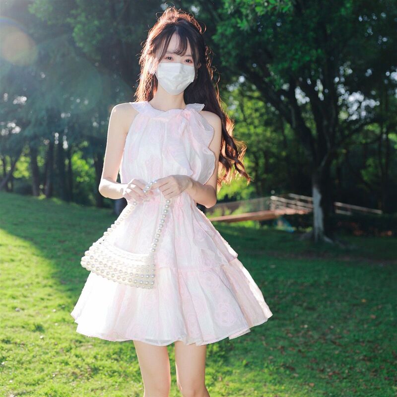 2026 Summer Girly Pink Halter Neck Dress Sweet Princess Birthday Short Dress Petite Super Fairy Dress