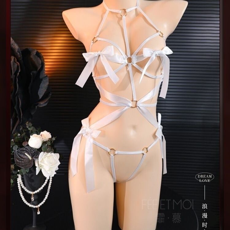 Sexy Lingerie One-Piece Open-Crotch Lace-Up Nightgown with Bow Tie, Tight-Fitting Three-Point Rope Dress Bodysuit