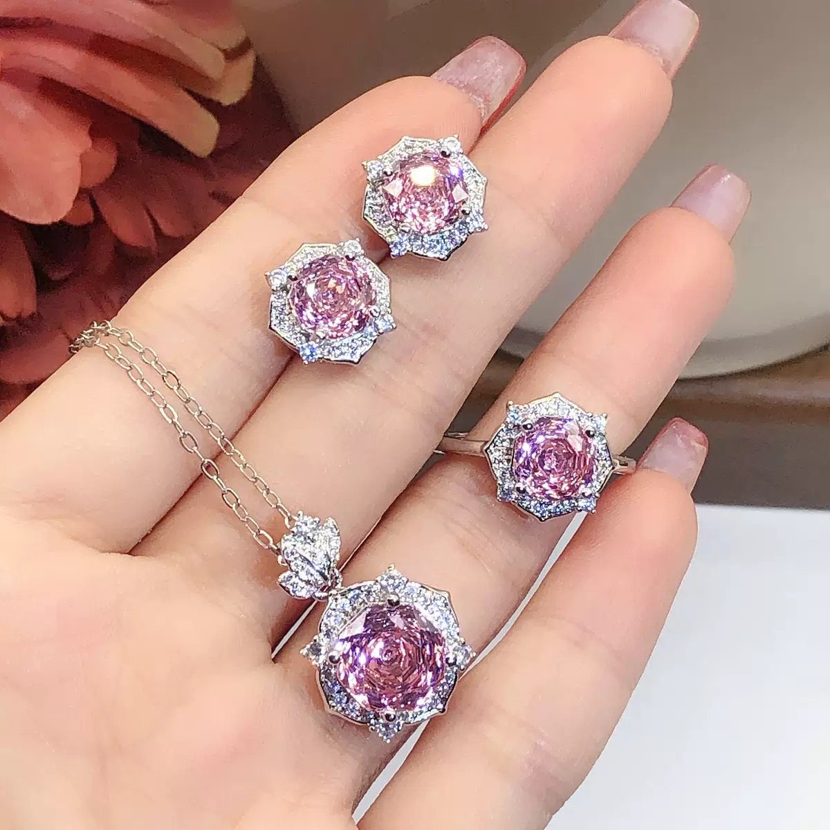 S925 silver millennium rose cut necklace ring earrings
