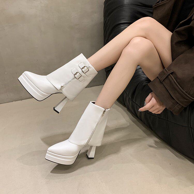 French style high-heeled shoes, waterproof platform, not tired feet, women's short boots, autumn new cos shoes, fashion chimney boots