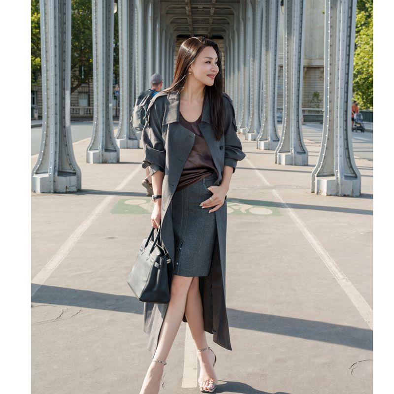 [Excess Stock] “Parisian Encounter” Ysu Dark Gray Long Lapel Trench Coat Loose Fit with Draping Effect Yq260816