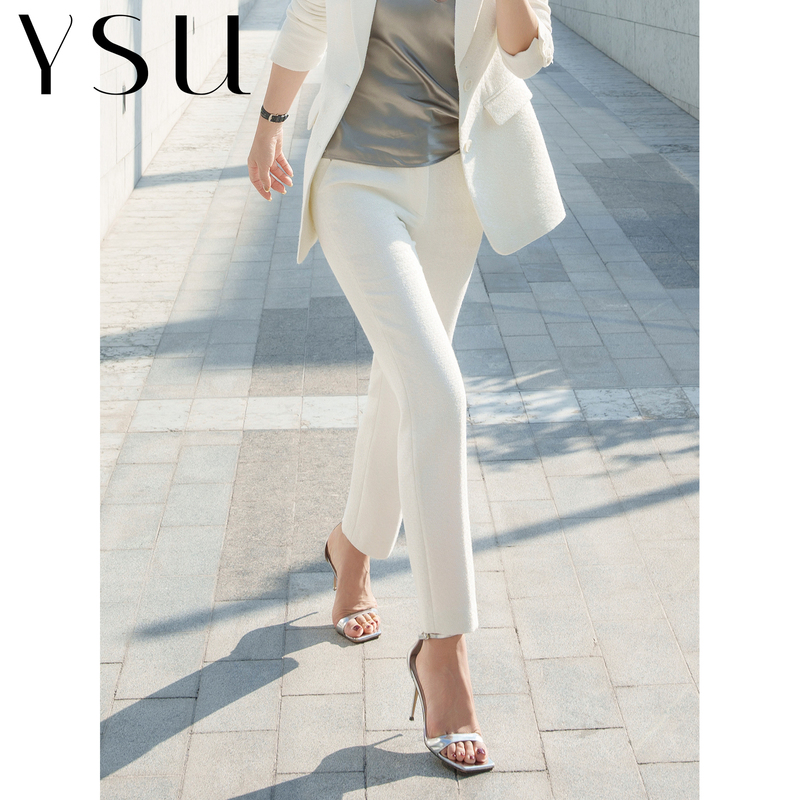 【Ysu】White Sail Thin White Tweed Straight-Leg Pants High-Waisted Commuter Nine-Point Suit Trousers Yc2603064