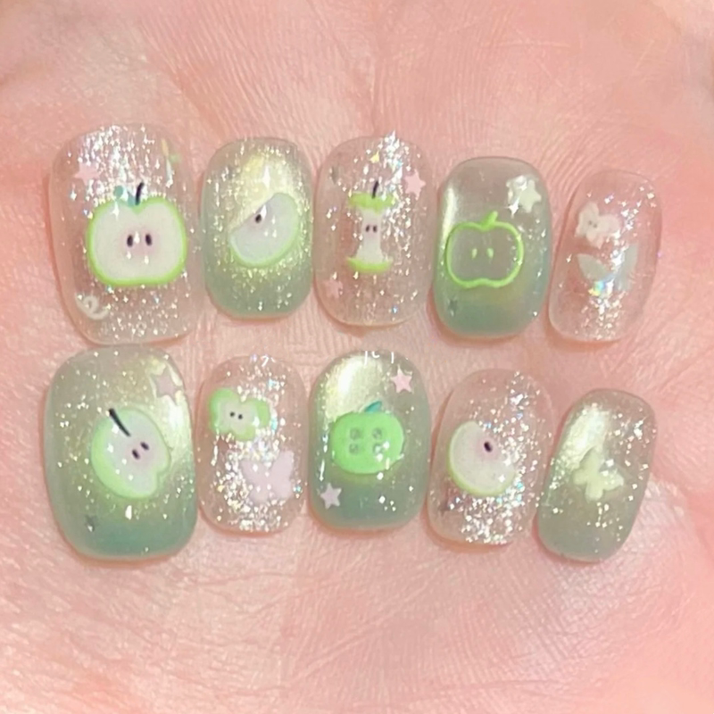 Spring Green Apple Crushed Ice Glass Beads Cat Eye Wearable Nail Polish Gold Green Whitening Nail Patch Fresh Style
