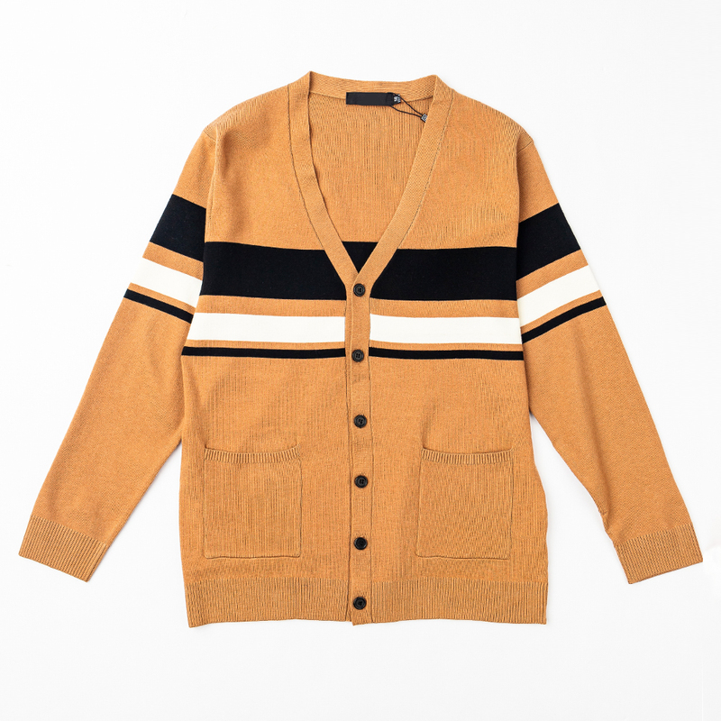 Spring and Autumn Men's Color-Blocked Striped V-Neck Cardigan Sweater with Multi-Color Korean-Style Pockets and Buttons, Casual Knit Top for Men