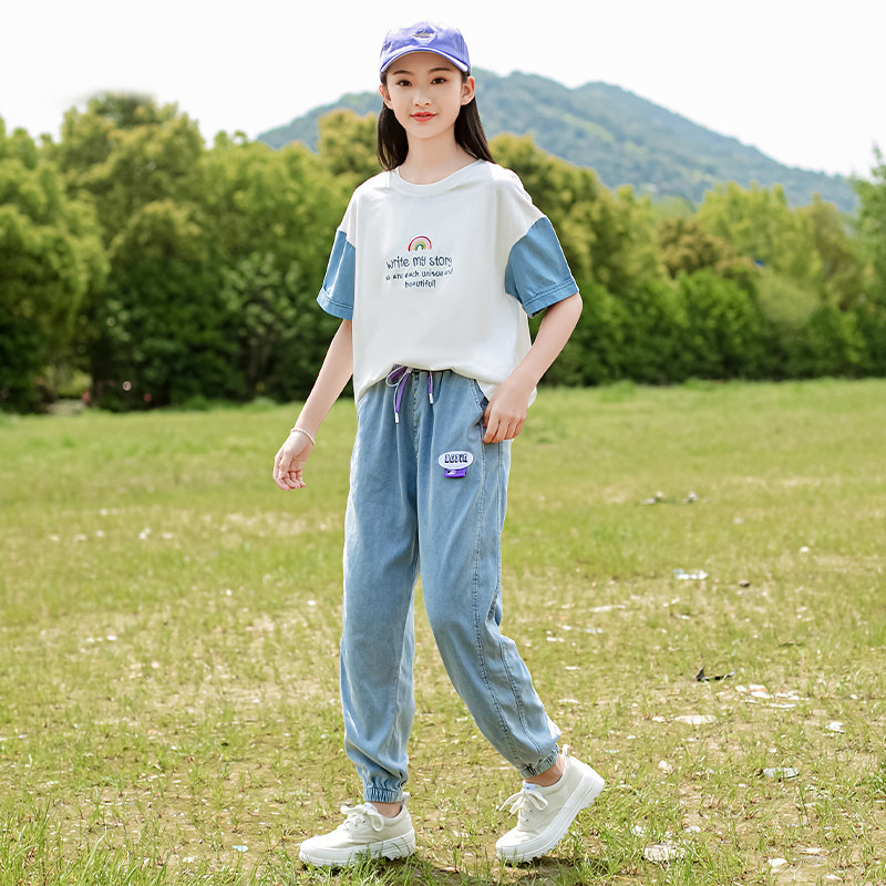 Girl Denim Suit 2022 New Children Summer Dress Foreign Pie 12 Female Great Boy 15 Year Old Summer Short Sleeve Two Sets