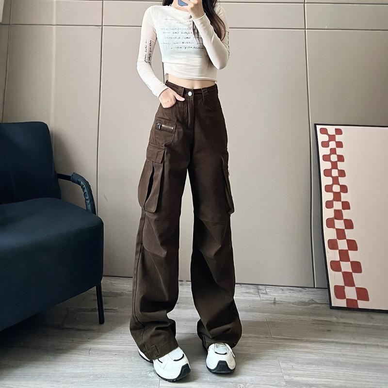American-Style Pleated Large-Pocket Cargo Pants for Women, New Spring and Autumn High-Waisted Slimming Straight-Leg Wide-Leg Pants for Tall Women American-Style Pleated Large-Pocket Cargo Pants for Women, New Spring and Autumn High-Waisted Slimming Straight-Leg Wide-Leg Pants for Tall Women