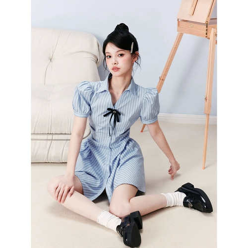 Оригинальный дизайнерский синий корсет с бантиком, рубашка, платье, рукава фонарики