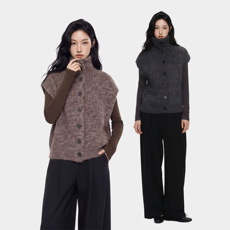 Autumn and Winter French-Style Turtleneck Wool-Blend Knitwear, Lapel Sweater, Vest, Long-Sleeved Base Shirt, Top Two-Piece Set