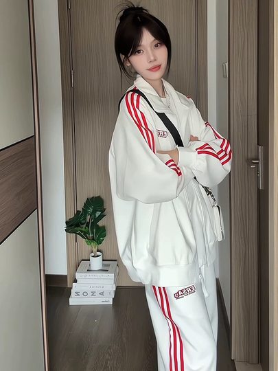 少年感运动服套装女春秋跑步学生宽松韩版时尚卫衣盐系休闲两件套