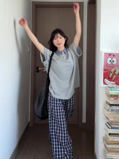 学院风休闲运动套装女夏季polo短袖时尚宽松韩版学生阔腿裤两件套