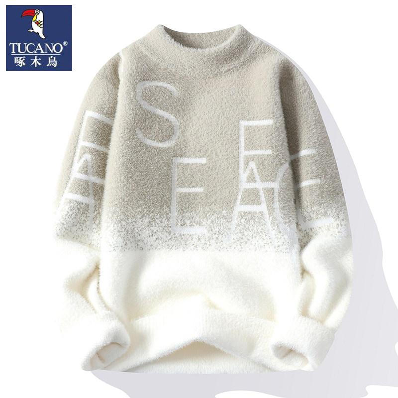 Woodpecker semi-high collar sweater men's fall thickened warm inner hitch winter style trendy casual trekking knit undershirt-Taobao