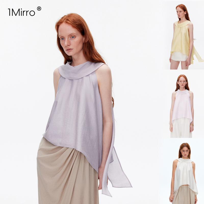 1Mirro2026 Summer French-Style Gentle Vacation High-Neck Sleeveless Halter Neck Vest with Irregular Hem and Ribbon Trim