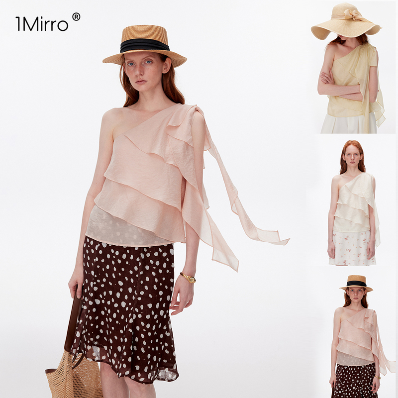 1Mirro2026 Summer French Vacation Tencel Acetate Layered Ruffle Ribbon Asymmetrical Shoulder Design Top 1Mirro2026 Summer French Vacation Tencel Acetate Layered Ruffle Ribbon Asymmetrical Shoulder Design Top