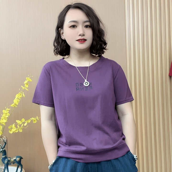 Summer Thin Letter Print Short-Sleeve Top, Round Neck, Versatile, Trendy Mom Style, Loose Fit, Slit T-Shirt, New Model 2026