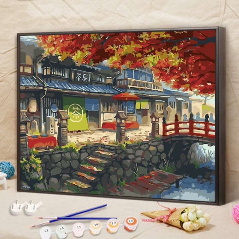 DIY Digital Oil Painting, Ancient Style Landscape Digital Painting, Stress-Relief Hand-Painted Oil Painting, Living Room Decorative Painting, Japanese Tea House