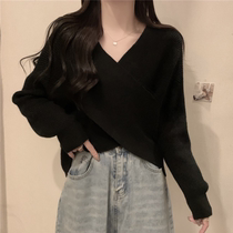 Plus-size womens long-sleeved crossover design chic V-neck sweater fall and winter fat girl lazy slim versatile top
