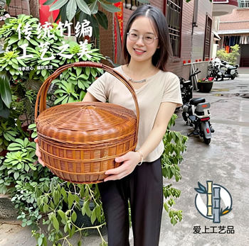 Bamboo basket with cover for worshipping gods and large size weaving retro
