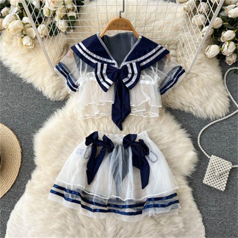 Japanese-Style Soft Girl Fashion Set for Women, Navy Collar Mesh Short Top, Puffy Skirt, Petite Hot Girl Two-Piece Set Japanese-Style Soft Girl Fashion Set for Women, Navy Collar Mesh Short Top, Puffy Skirt, Petite Hot Girl Two-Piece Set