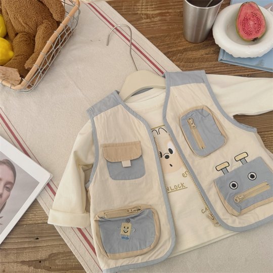 Children's pure cotton vest outer wear spring and autumn style cardigan work vest for boys and girls baby spring clothing cartoon style