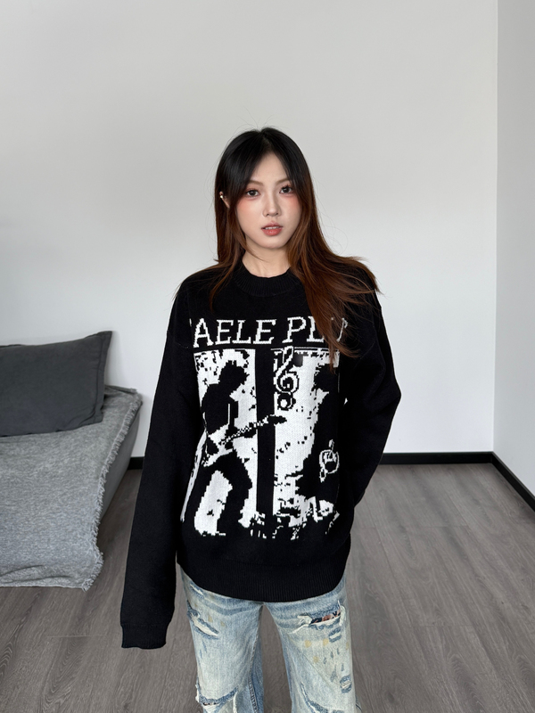 Kngd American Street Rock Musical Note Jacquard Sweater Loose Round Neck Design Pullover Knitwear Top