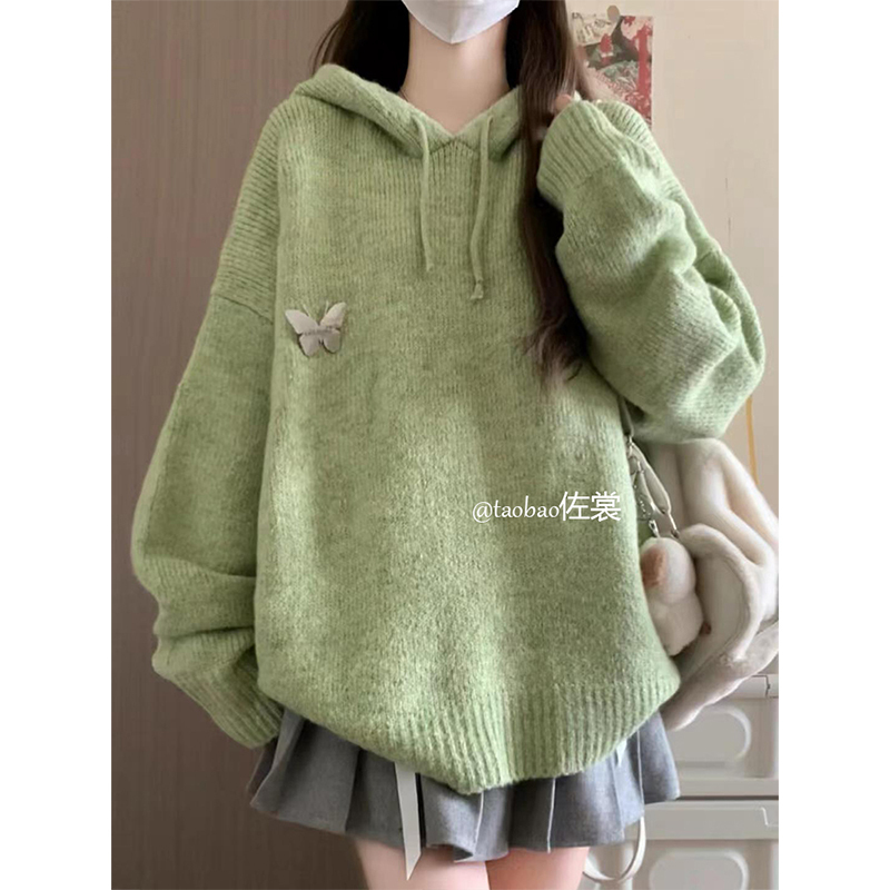Green Hooded Sweatshirt for Women, Spring and Autumn, Unique Design, Loose and Lazy Style, Knitted Sweater, Oversized Jacket Green Hooded Sweatshirt for Women, Spring and Autumn, Unique Design, Loose and Lazy Style, Knitted Sweater, Oversized Jacket