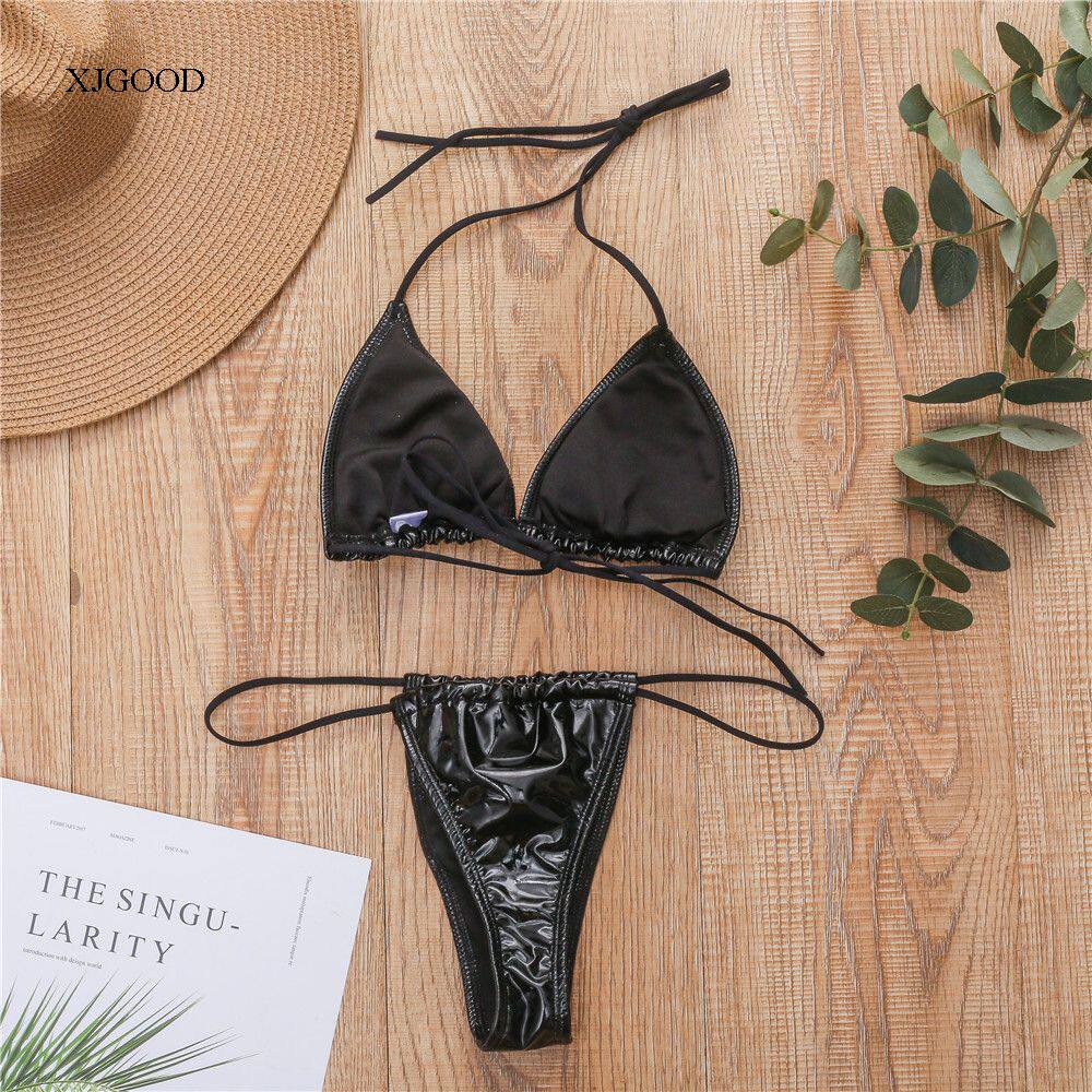 Кожзаменитель сексуальный бандаж стринги бикини Shiny Leather Split Sexy Sling Bikini для девушки 