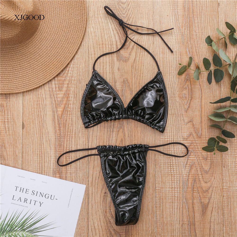 Кожзаменитель сексуальный бандаж стринги бикини Shiny Leather Split Sexy Sling Bikini для девушки 